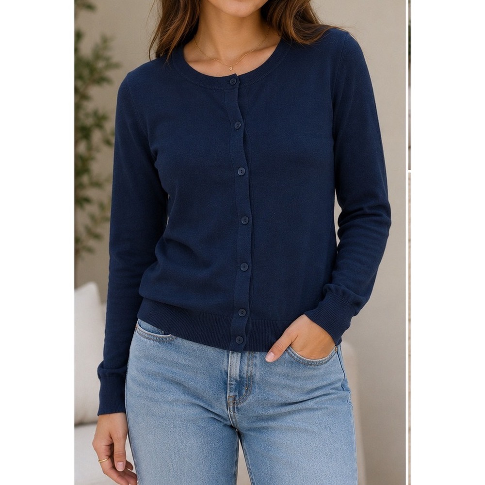 Time and Tru Women's Navy Blue Crewneck Button Front Cardigan Sweater Medium